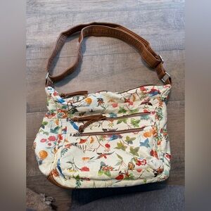 Floral Print Crossbody Shoulder Bag - Cream with Brown Trim
